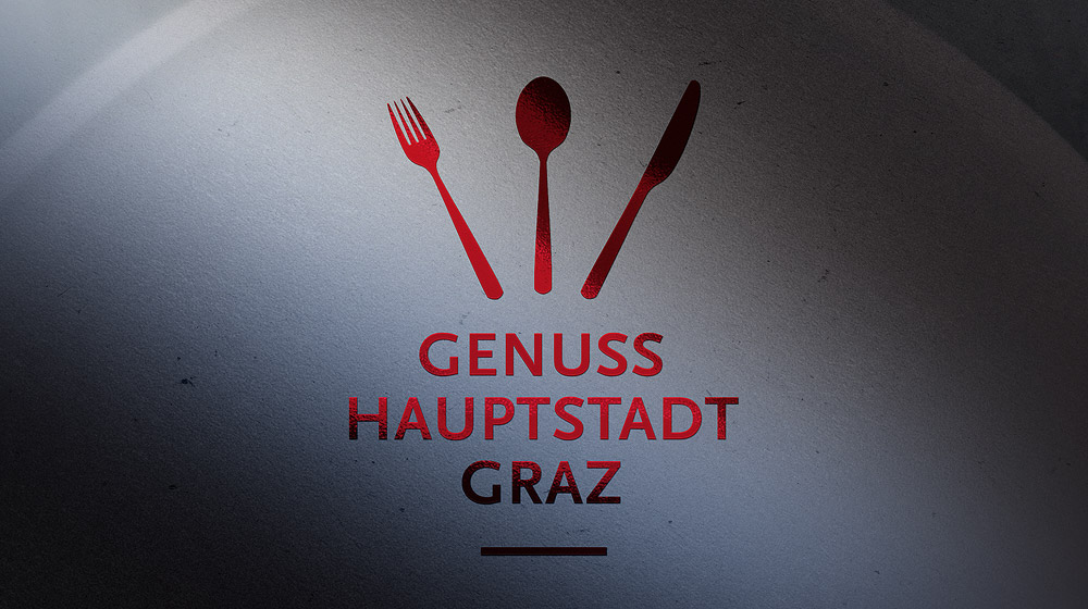Graz Tourismus Broschüre, Logo rote Heißfolienprägung